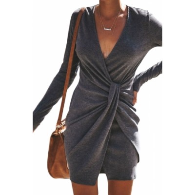 Gray Long Sleeve Ribbed Twist Mini Dress